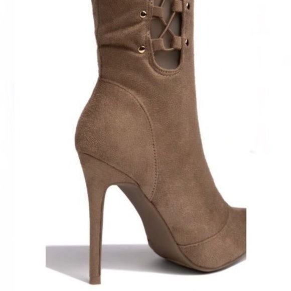 !! NEW !! Side Lace Up Over The Knee Boots in Taupe - Picture 3 of 4